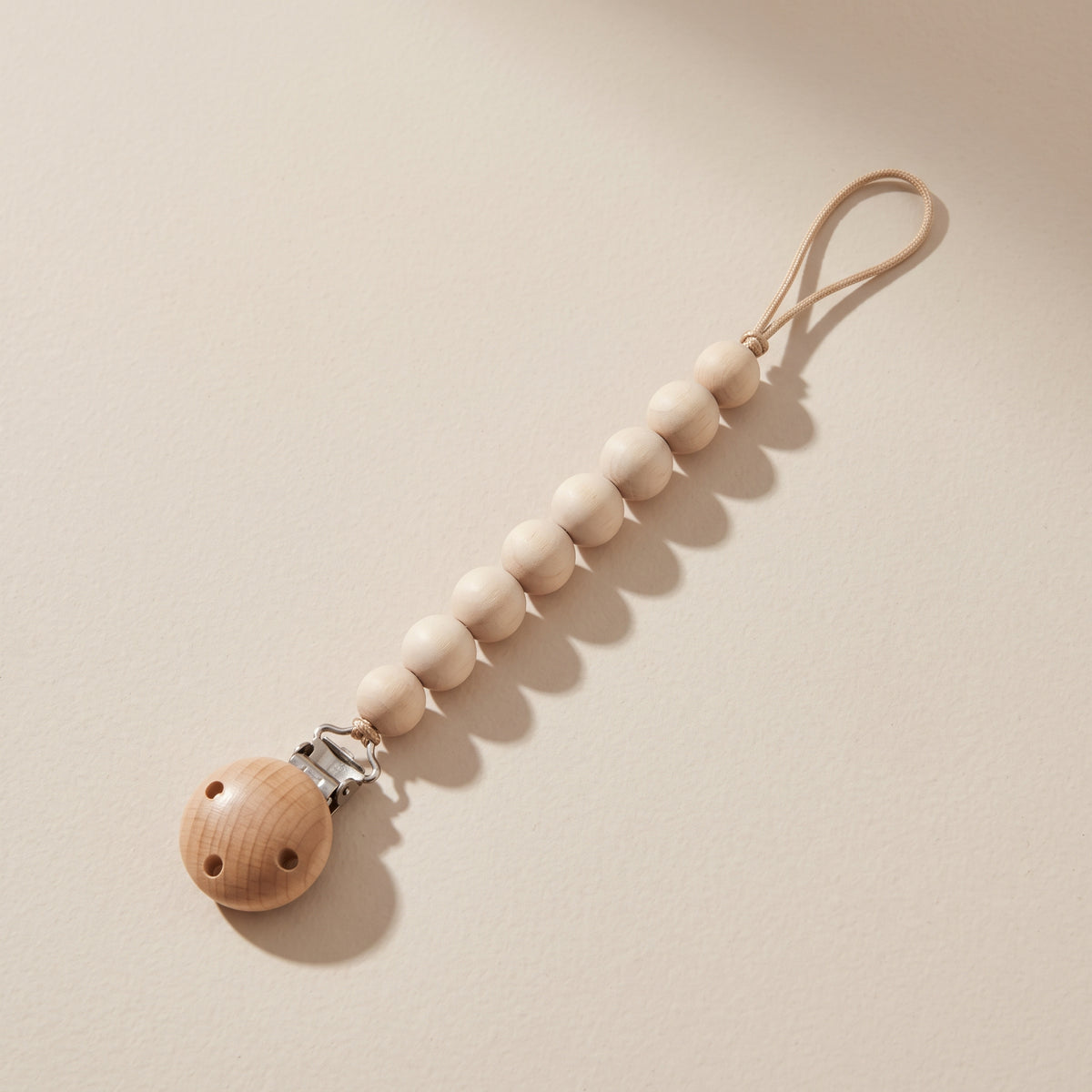 Natural Beechwood Beaded Baby Pacifier Clip – Minimalist Wooden Teething Leash