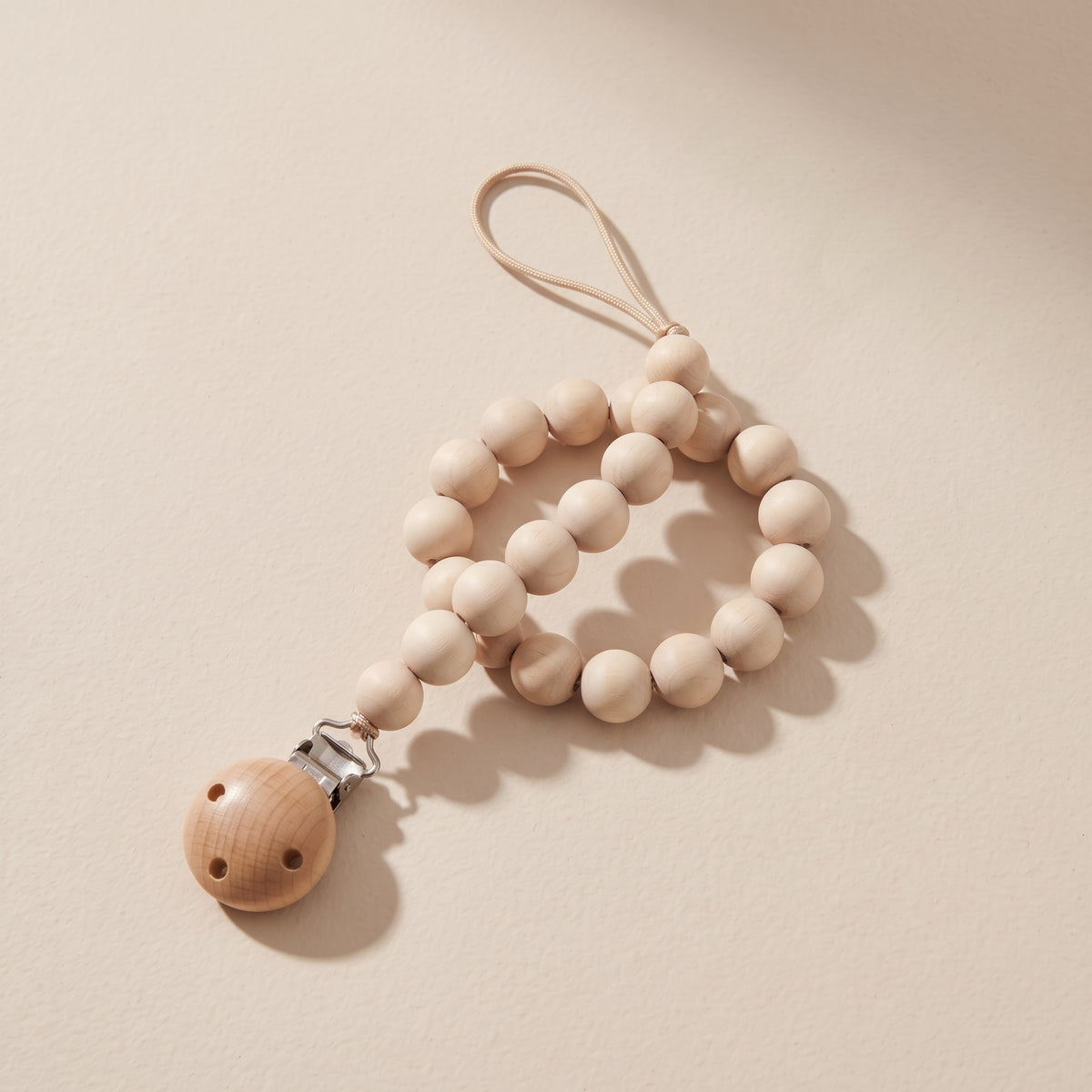Natural Beechwood Beaded Baby Pacifier Clip – Minimalist Wooden Teething Leash